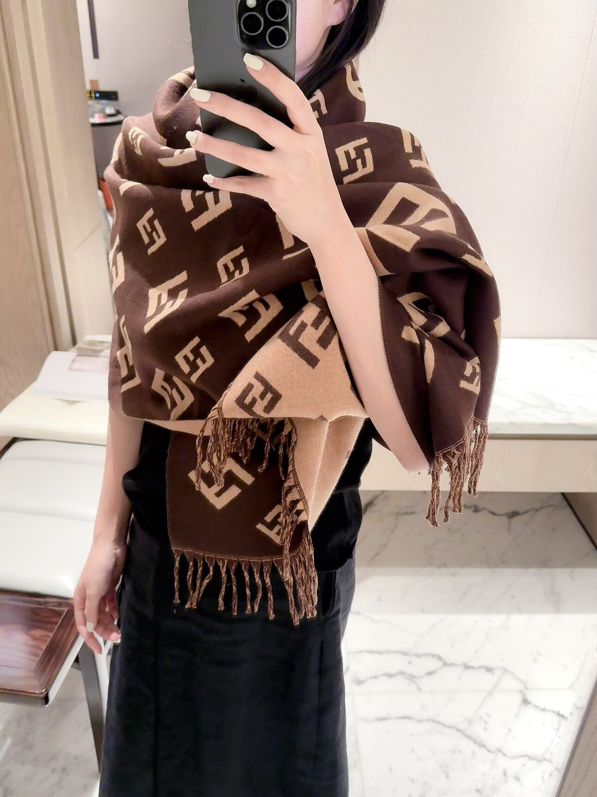 Geometric F-Motif Fringed Scarf