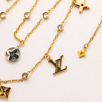 304 Stainless Steel Layered Floral Station Monogram Necklace