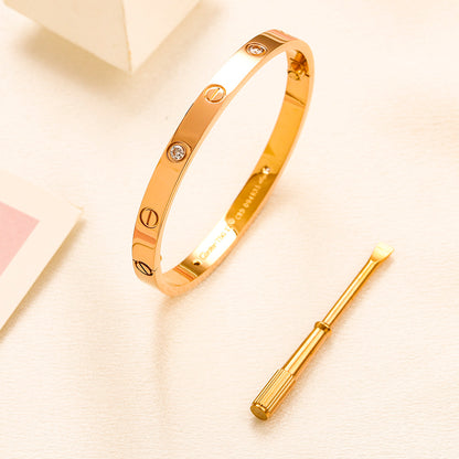 304 Stainless Steel Stone-Accent Screw-Detail Bangle Bracelet