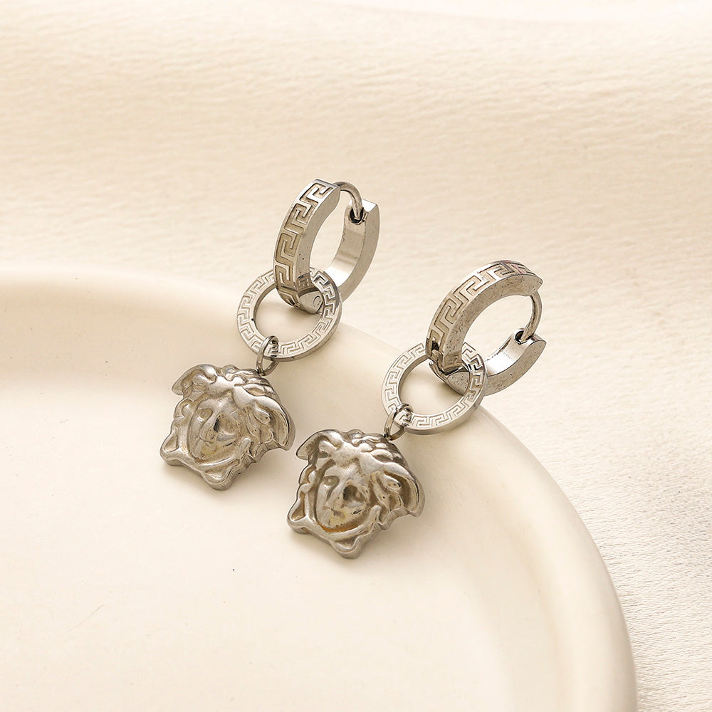 304 Stainless Steel Hexagonal Medusa Charm Huggie Earrings