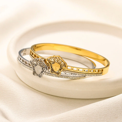 304 Stainless Steel Pave Medallion Bangle Bracelet