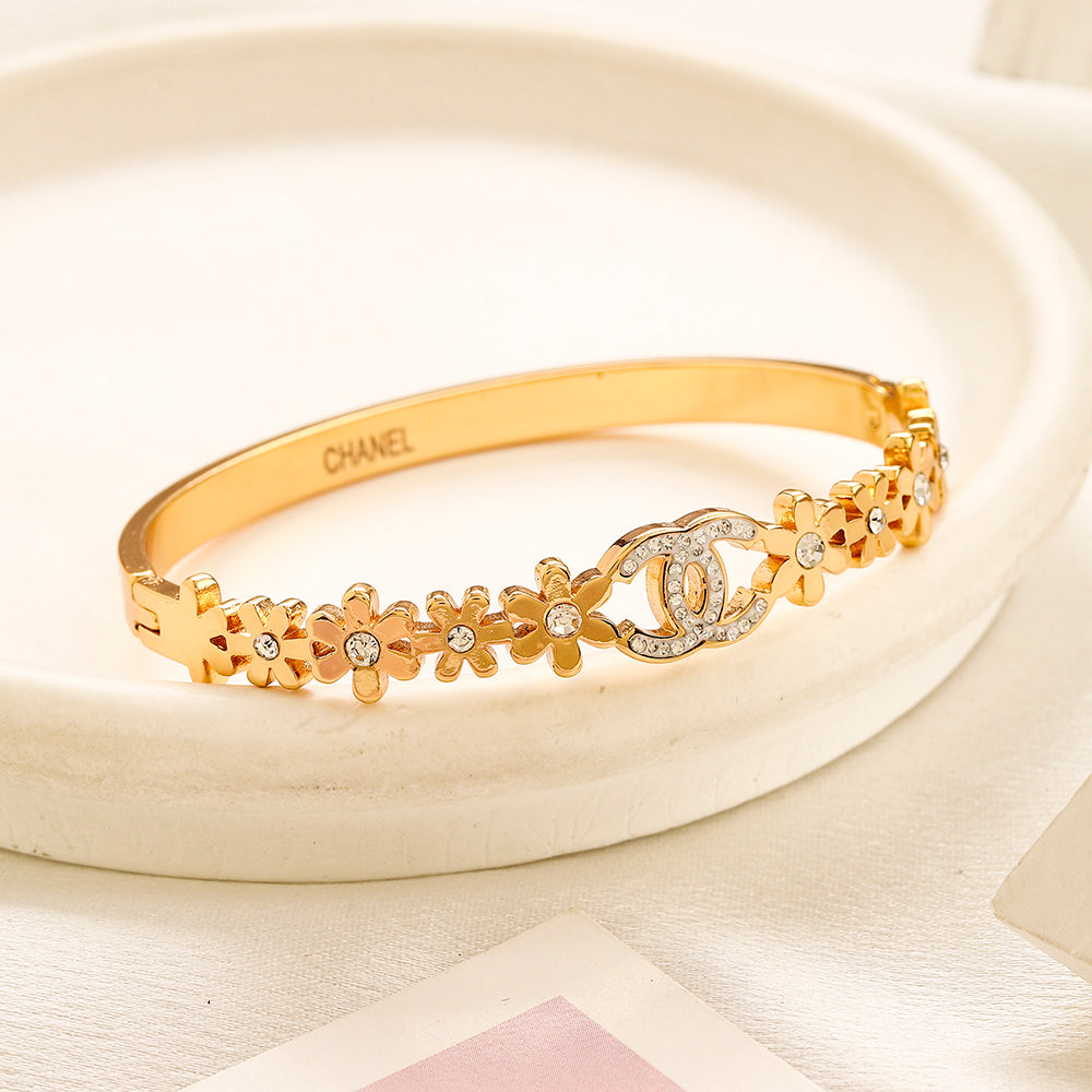 304 Stainless Steel Flower & Oval Stone Bangle Bracelet