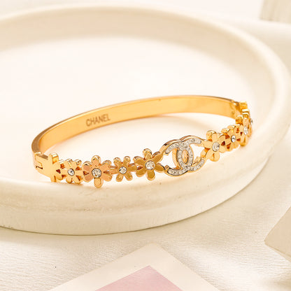 304 Stainless Steel Flower & Oval Stone Bangle Bracelet