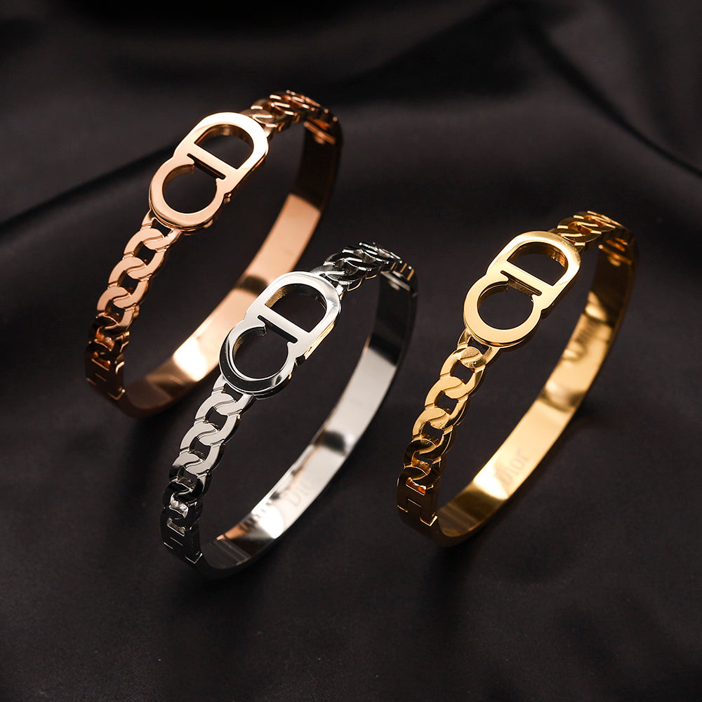 304 Stainless Steel Mixed Chain-Link Monogram Bangle Bracelet