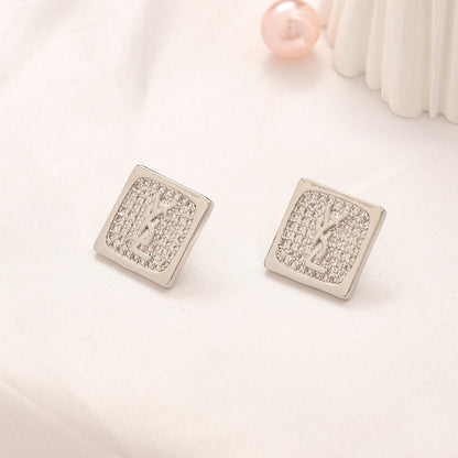 304 Stainless Steel Pave Square Monogram Stud Earrings