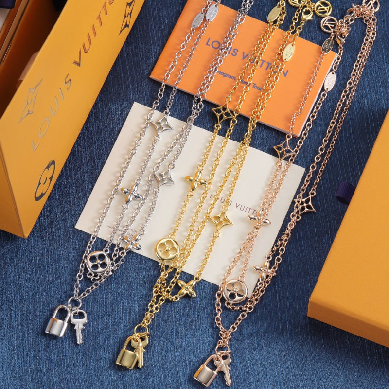Floral Station Necklace with Padlock Charm