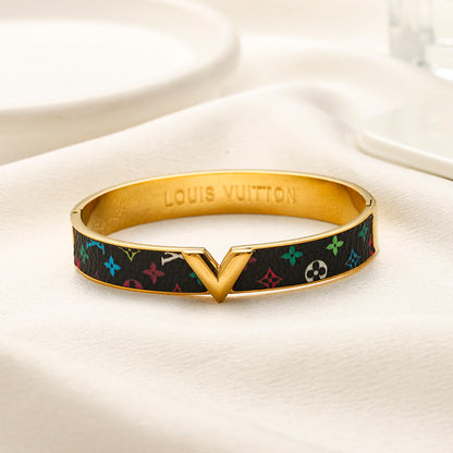 304 Stainless Steel Monogram-Inlay V-Motif Bangle Bracelet