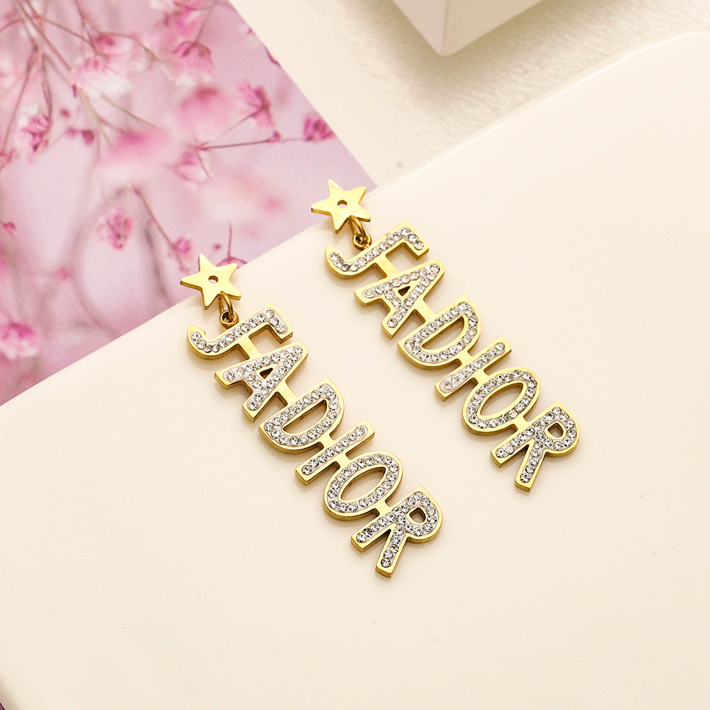 304 Stainless Steel Pave Script Letter Stud Earrings