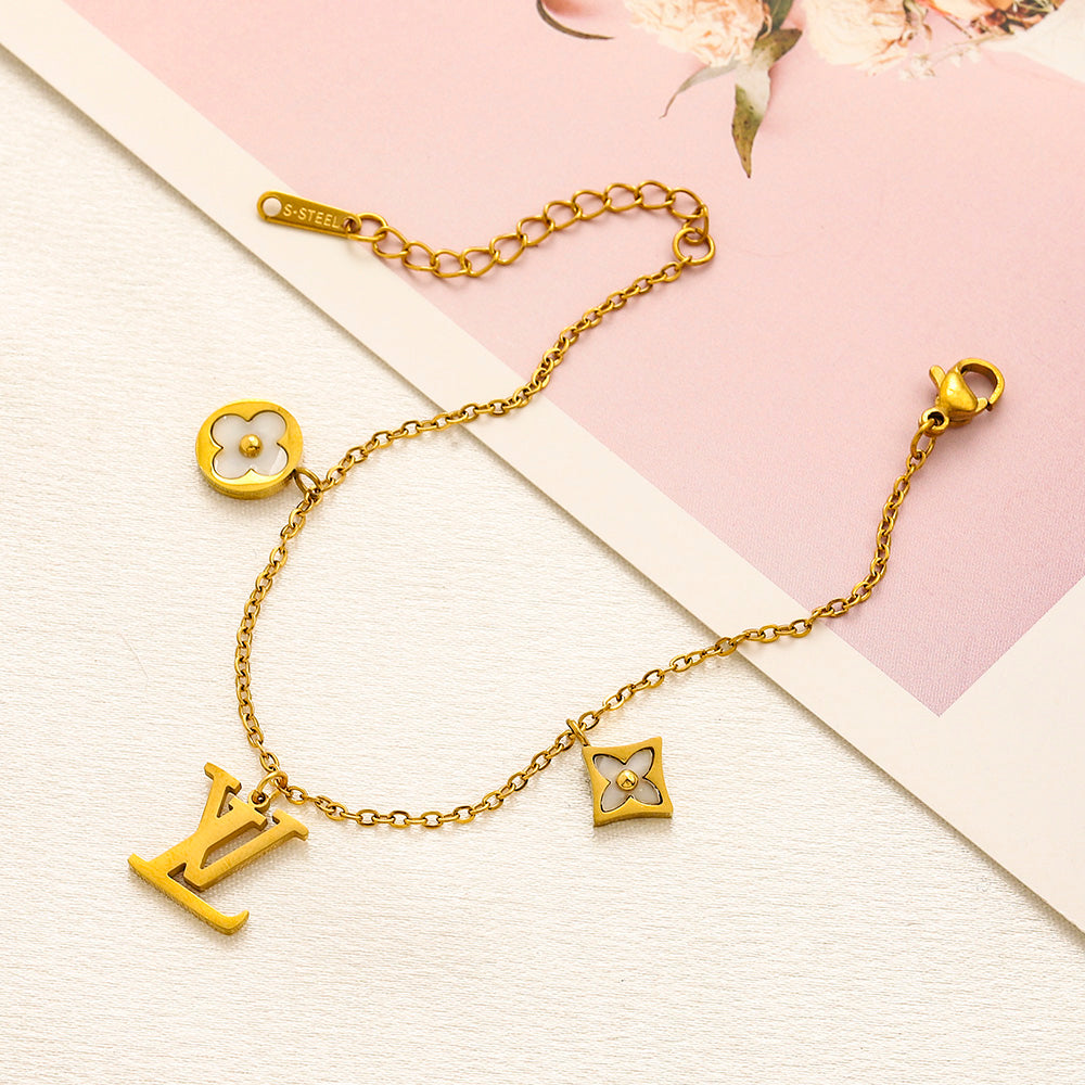 304 Stainless Steel Three-Charm Floral Monogram Bracelet