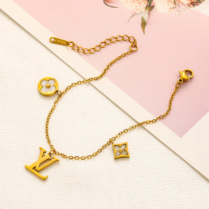 304 Stainless Steel Three-Charm Floral Monogram Bracelet