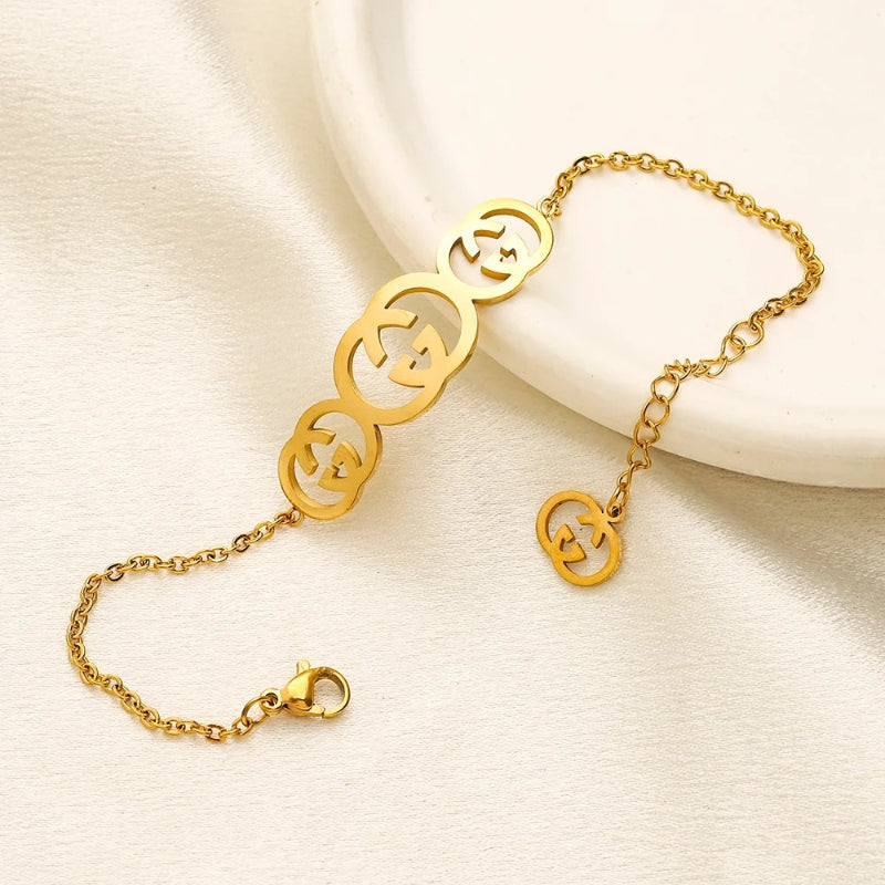 304 Stainless Steel Triple Round Monogram Chain Bracelet