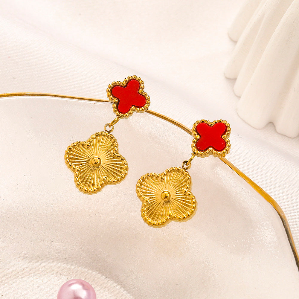 304 Stainless Steel Double Quatrefoil Drop Earrings