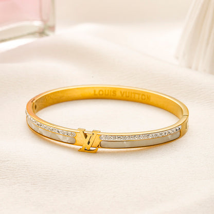 304 Stainless Steel Slim Pave Monogram Bangle Bracelet
