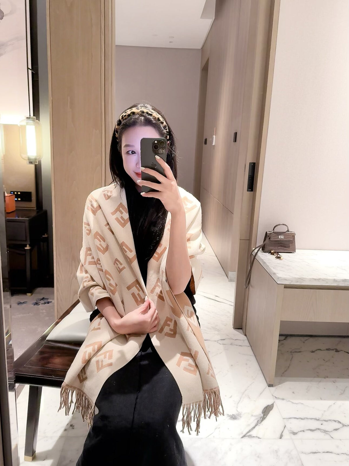 Geometric F-Motif Fringed Scarf