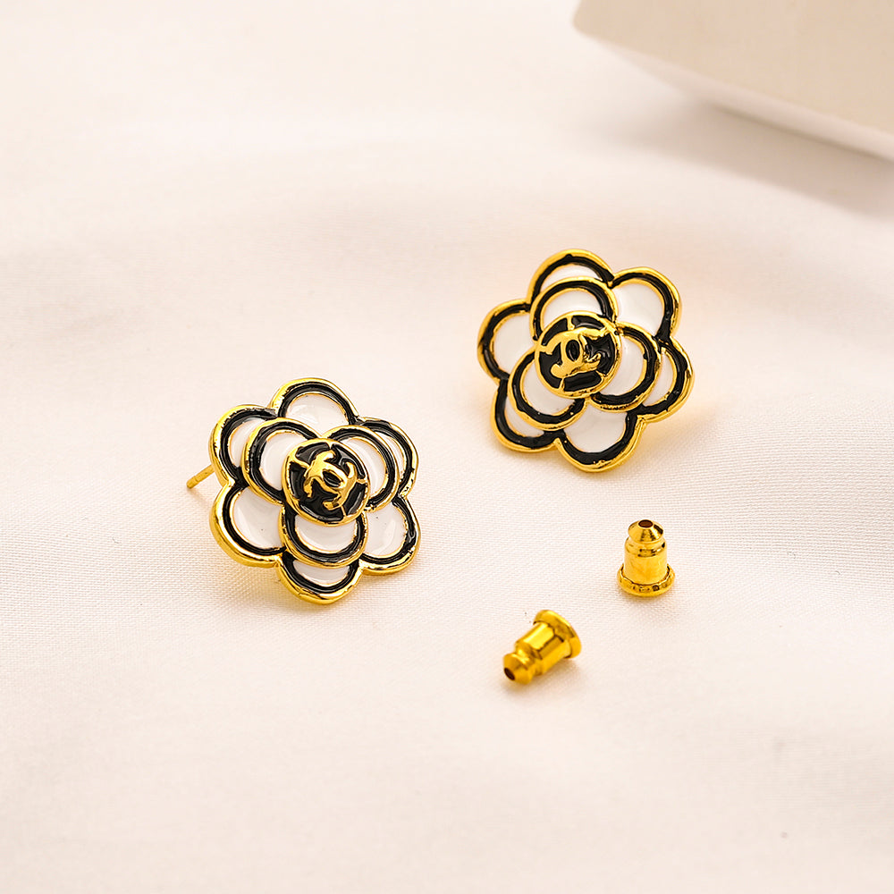 Alloy Black Outline Camellia Stud Earrings