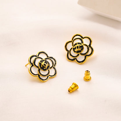 Alloy Black Outline Camellia Stud Earrings