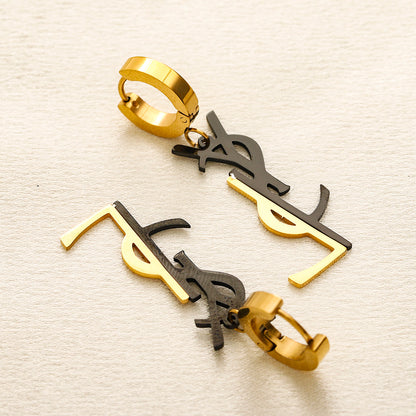 304 Stainless Steel Two-Tone Letter Charm Huggie Earrings