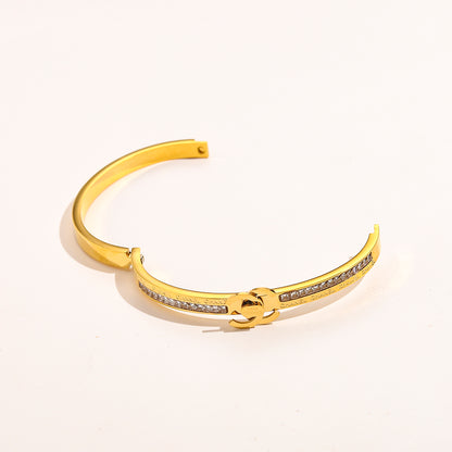 304 Stainless Steel Pave Interlocking-C Slim Bangle Bracelet