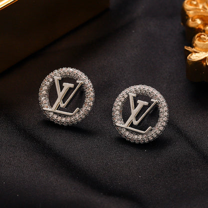 304 Stainless Steel Pave Round Monogram Stud Earrings