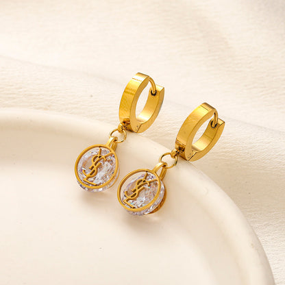 304 Stainless Steel Round Monogram Charm Huggie Earrings