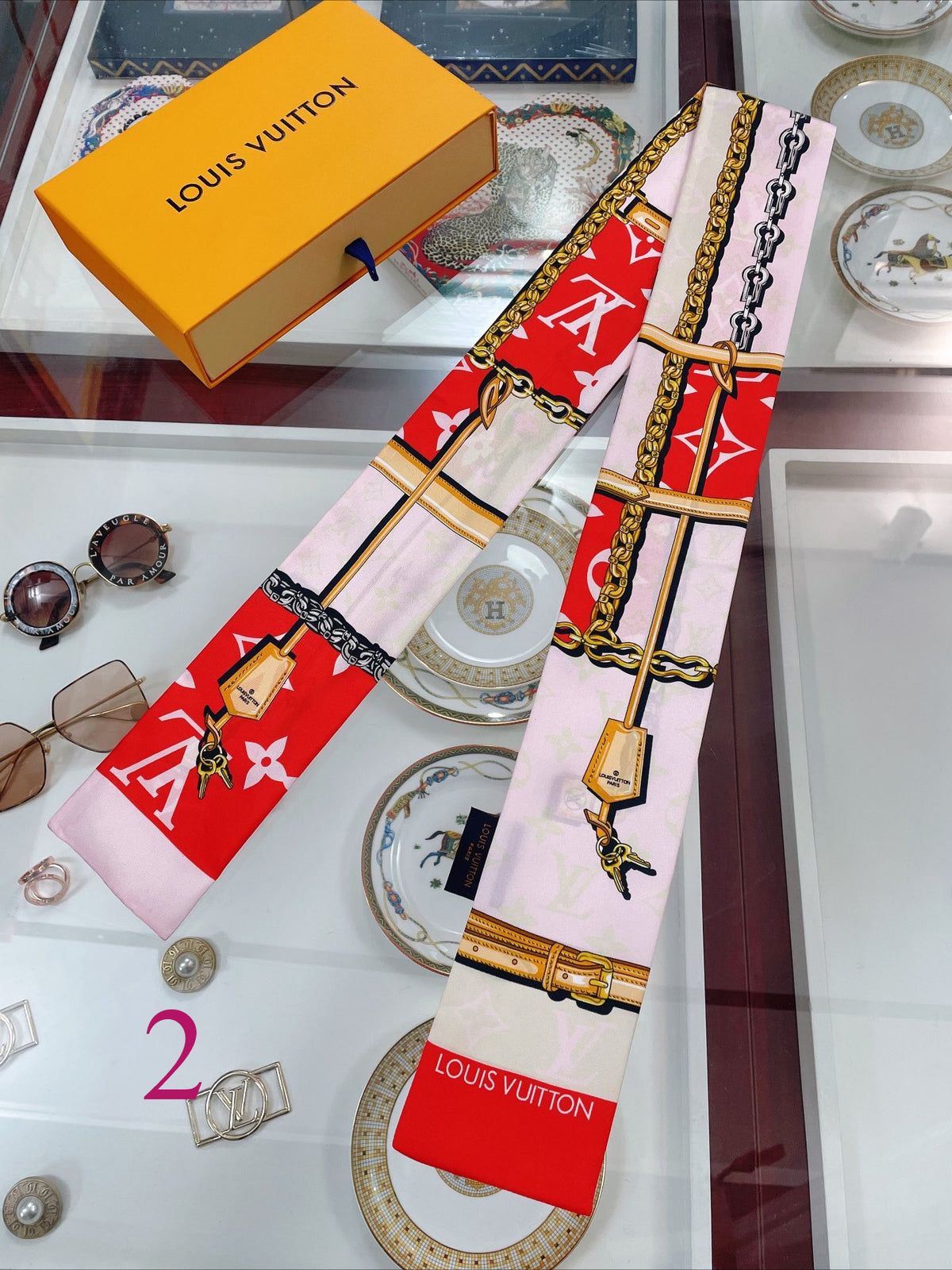 Chain & Monogram Print Ribbon Scarf - 5 x 120 cm