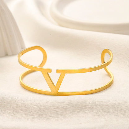 304 Stainless Steel Double Band V-Motif Cuff Bracelet