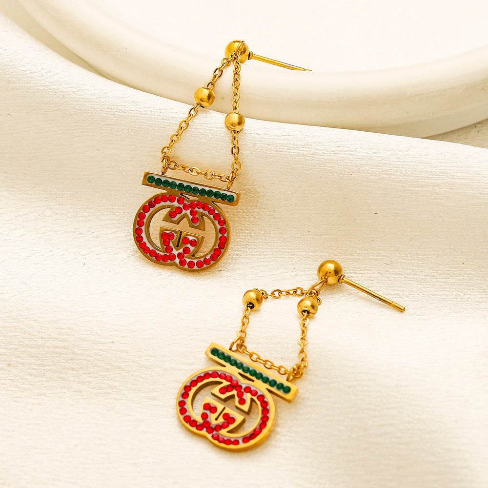 304 Stainless Steel Red & Green Triangle Chain Drop Earrings