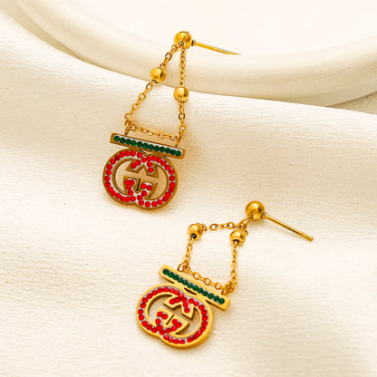 304 Stainless Steel Red & Green Triangle Chain Drop Earrings