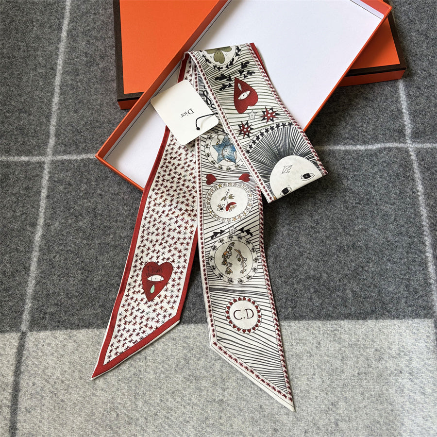 Medallion & Ornamental Print Ribbon Scarf - 5 x 120 cm