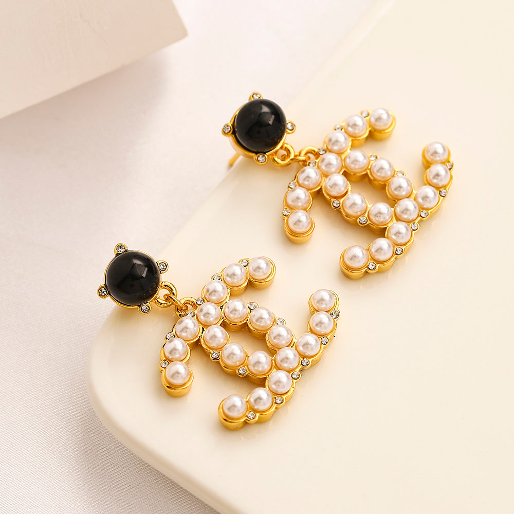 Alloy Black Stud & Pearl-Effect Interlocking-C Drop Earrings