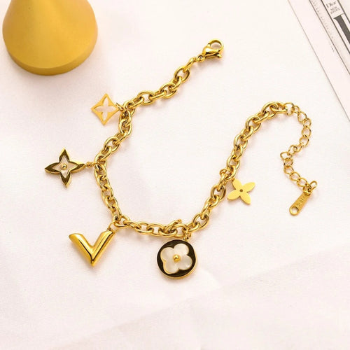 304 Stainless Steel Floral Monogram Charm Curb Chain Bracelet
