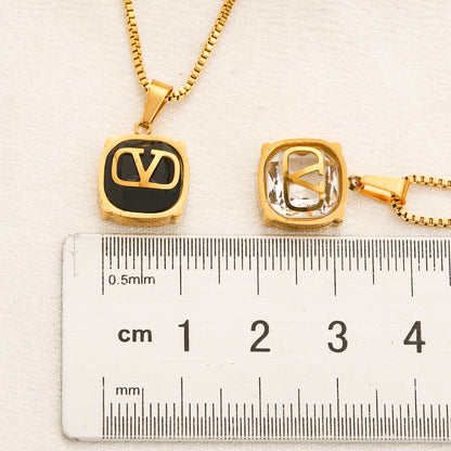 304 Stainless Steel Color-Inlay V-Motif Pendant Necklace