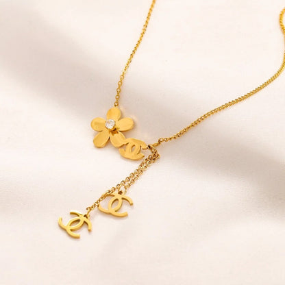 304 Stainless Steel Flower & Monogram Y-Drop Necklace