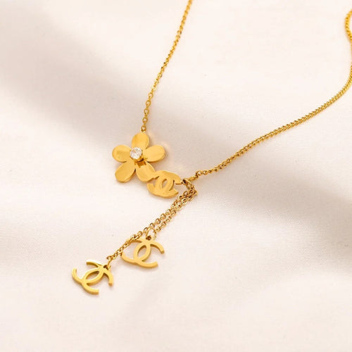304 Stainless Steel Flower & Monogram Y-Drop Necklace