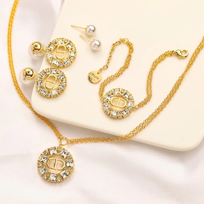 Set Orecchini Bracciale Collana Placcati Oro Vero in Rame e Zirconio