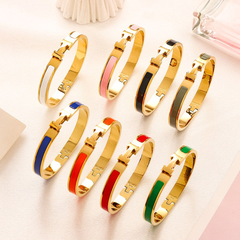 304 Stainless Steel Slim Color-Inlay H-Clasp Bangle Bracelet