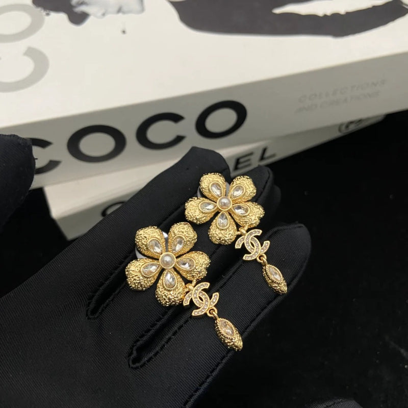 Pearl-Effect Flower & Chain Drop Earrings