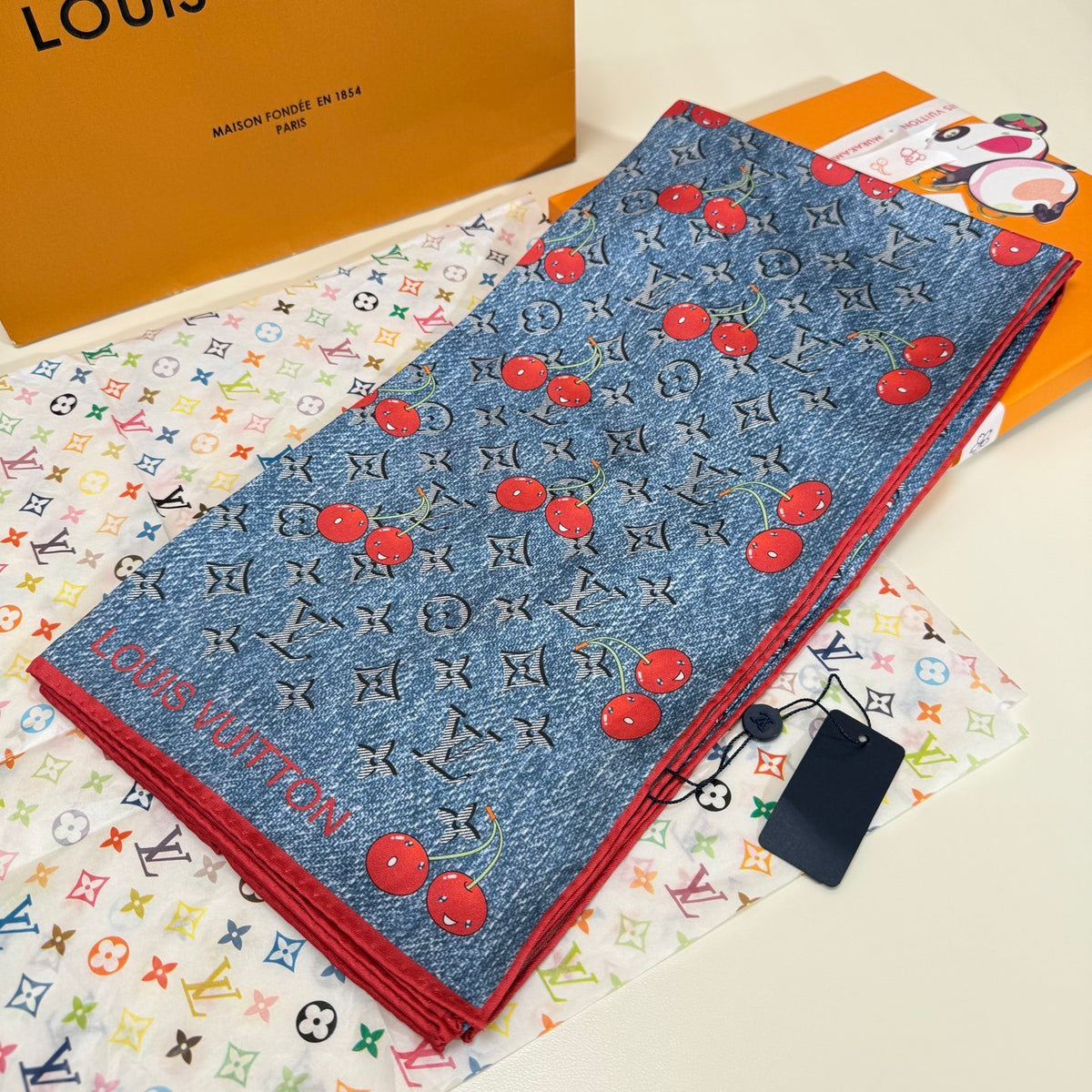 Cherry & Monogram Square Scarf - 90 x 90 cm