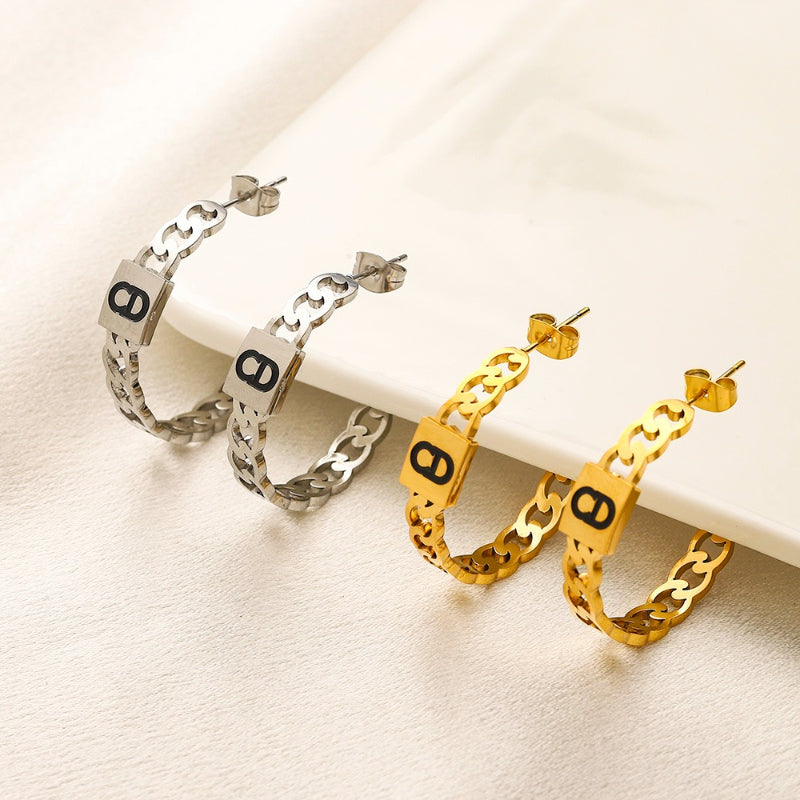 304 Stainless Steel Letter-Accent Chain Hoop Earrings