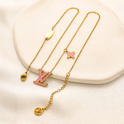 304 Stainless Steel Color-Inlay Monogram & Flower Necklace