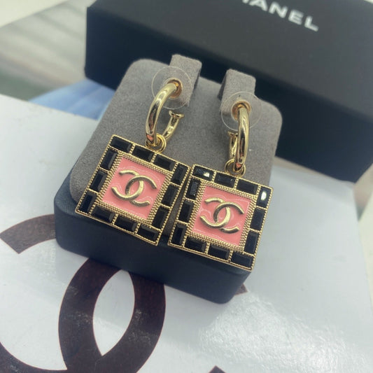 Pink & Black Square Charm Hoop Earrings