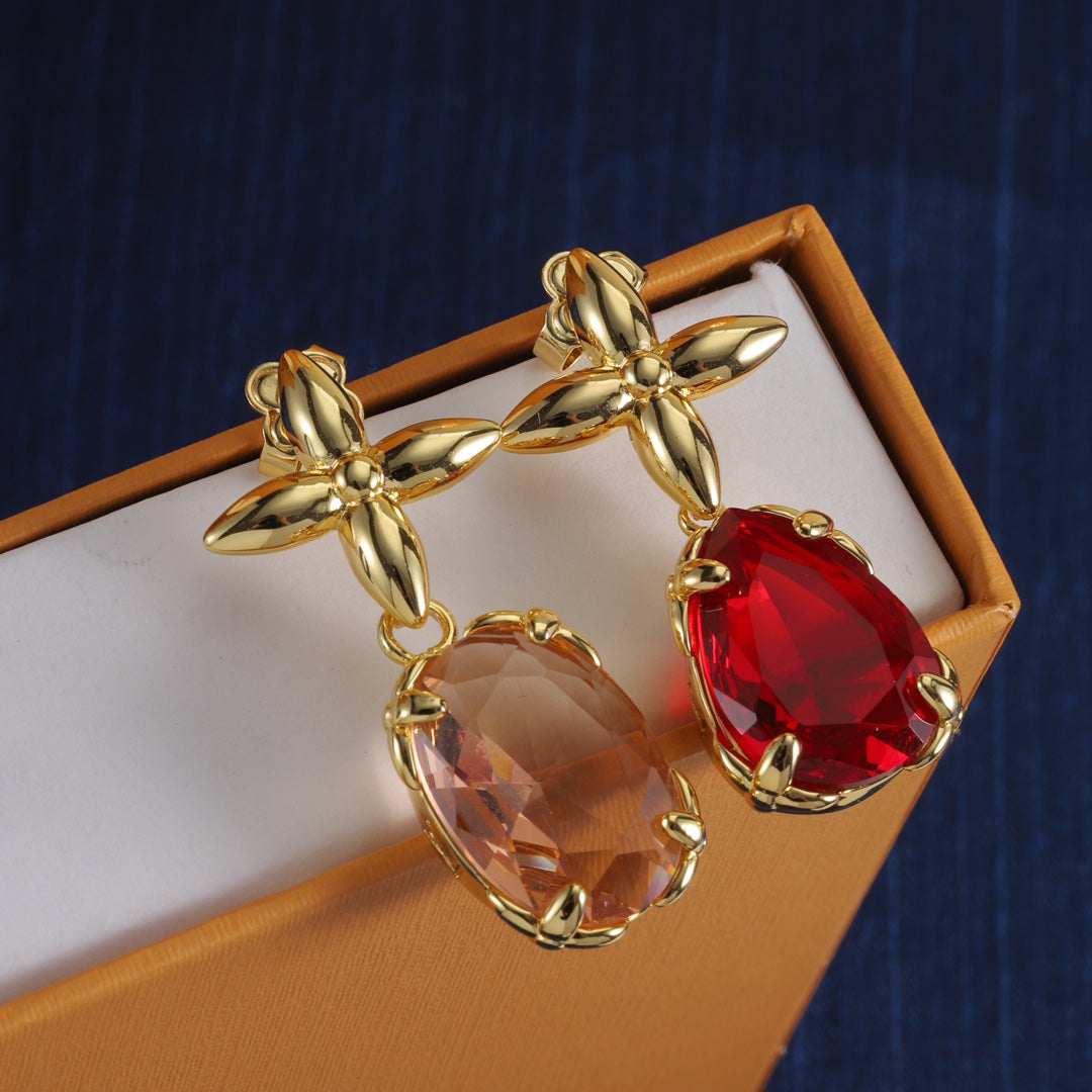 Floral Stud & Oval Stone Drop Earrings