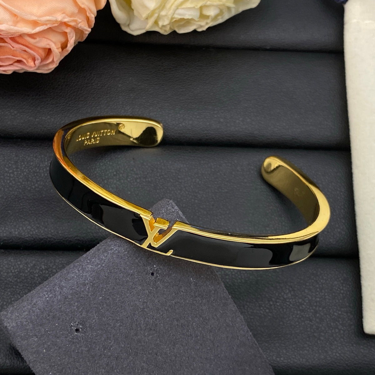 Black Inlay Monogram Cuff Bracelet