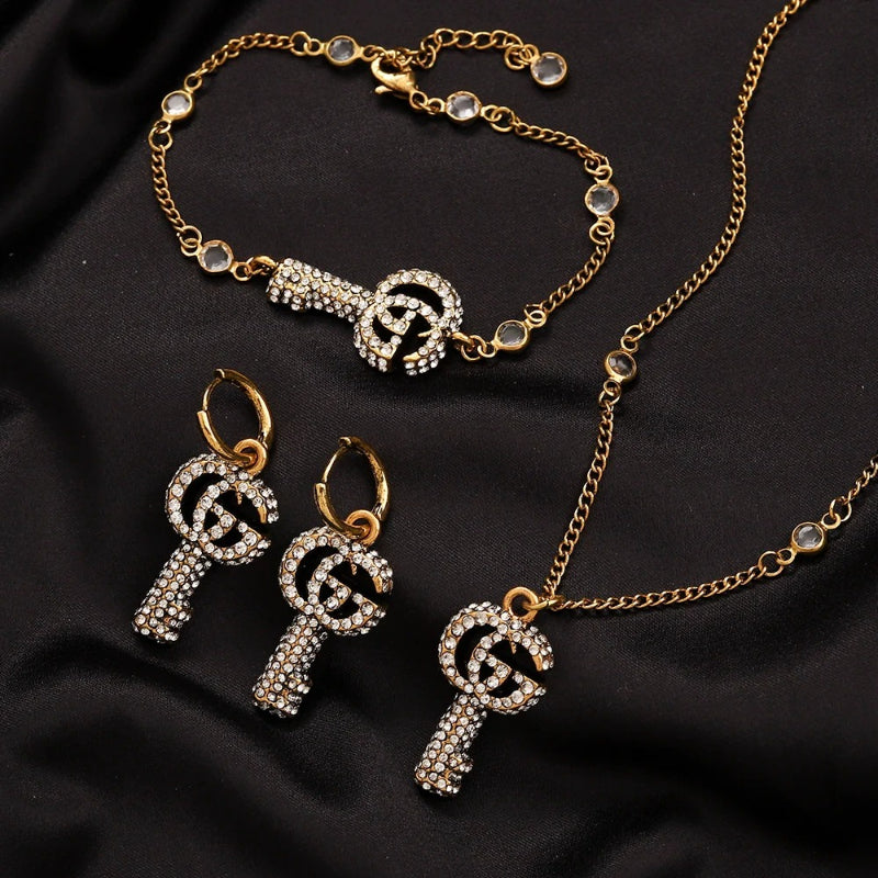304 Stainless Steel Pave Key Earrings, Bracelet & Necklace Collection
