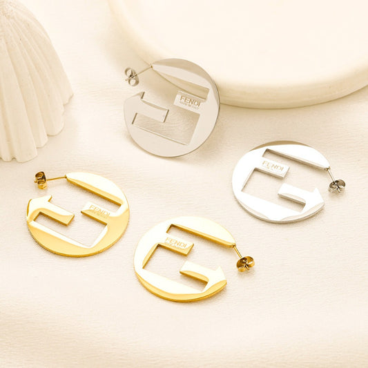 304 Stainless Steel Polished Cutout F-Motif Hoop Earrings