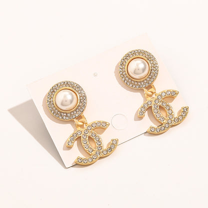 Alloy Pearl-Effect Round Top Interlocking-C Drop Earrings
