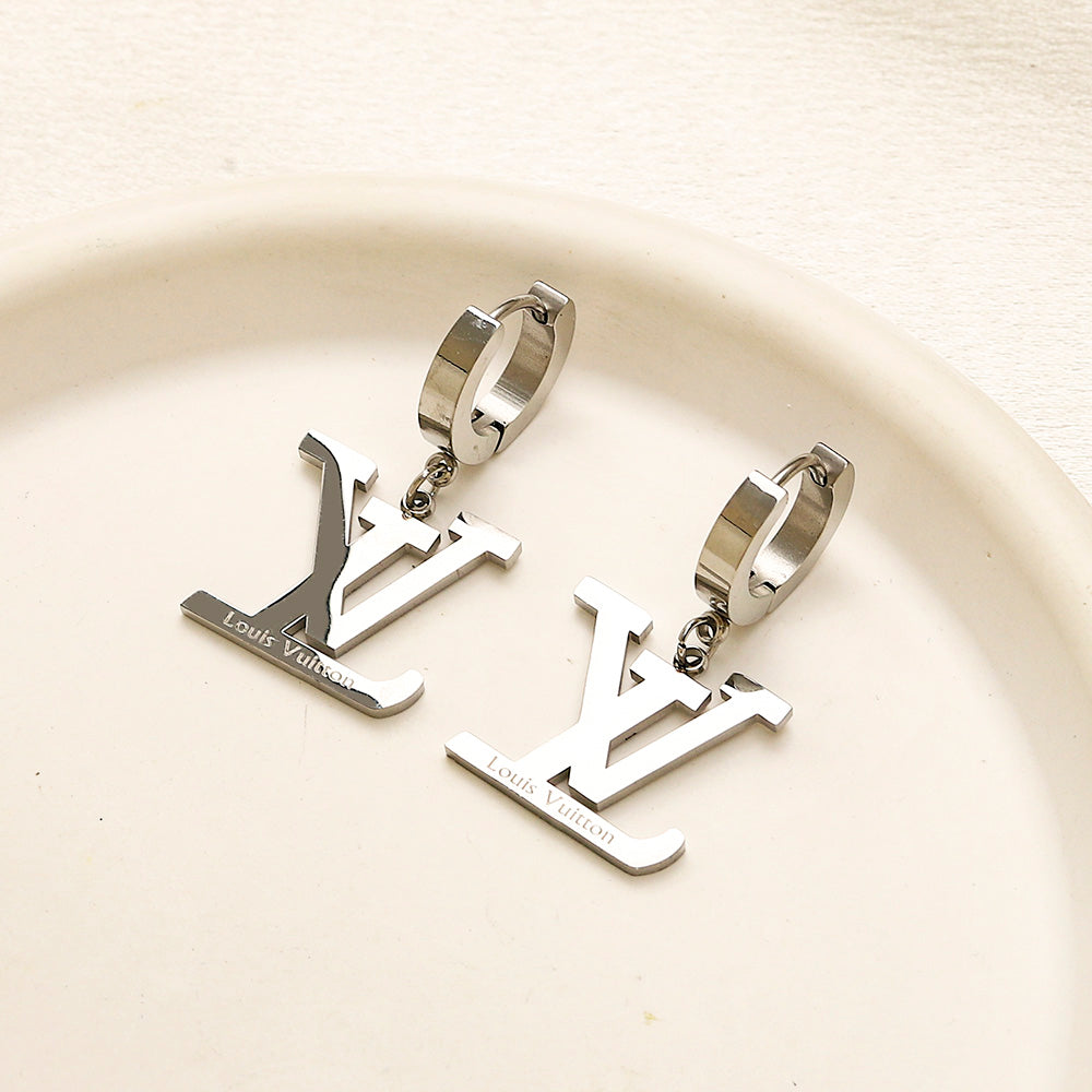 304 Stainless Steel Polished Monogram Charm Huggie Earrings