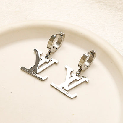 304 Stainless Steel Polished Monogram Charm Huggie Earrings