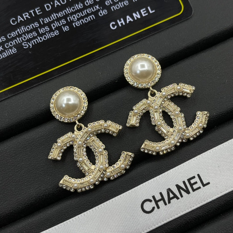 Pearl-Effect & Pave Interlocking-C Drop Earrings
