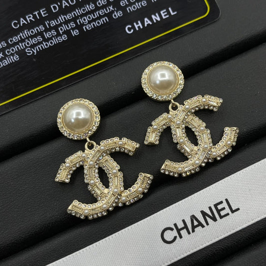 Pearl-Effect & Pave Interlocking-C Drop Earrings